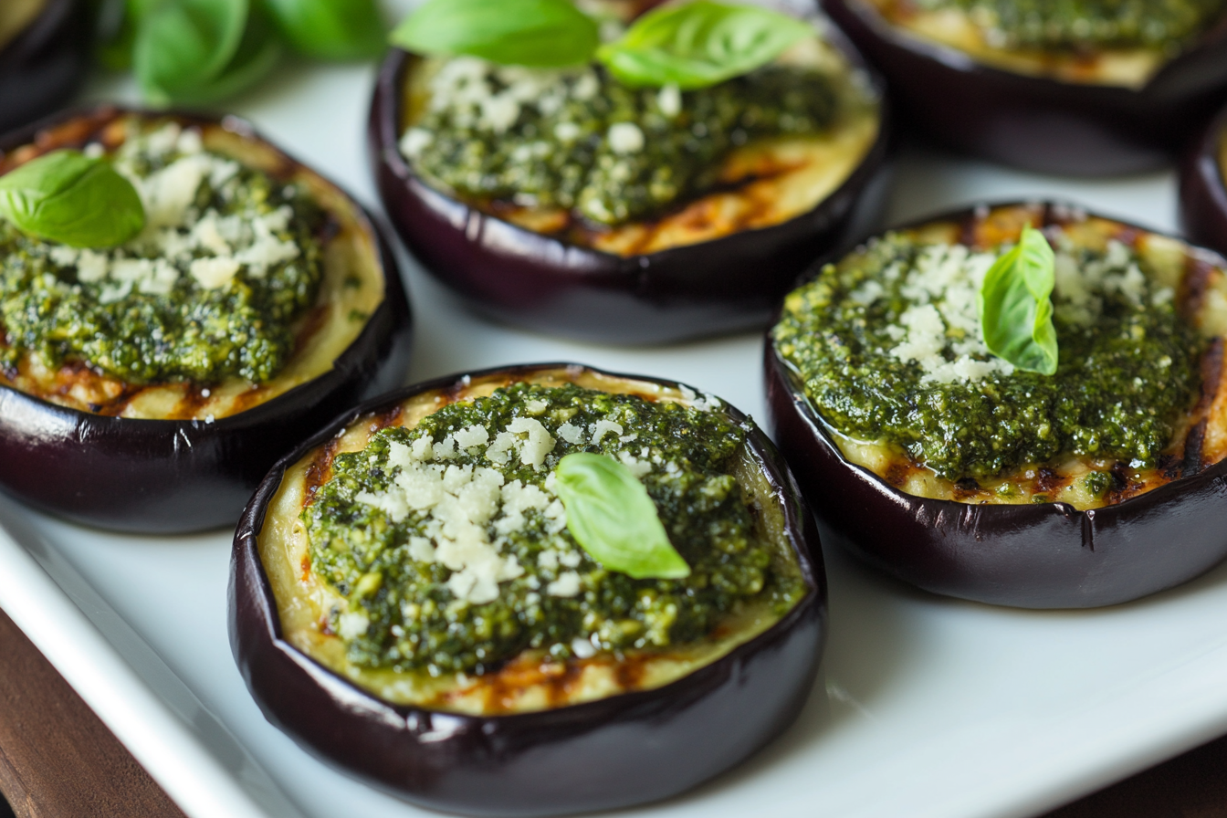 Grilled Eggplant Rounds with Pesto and Parmesan