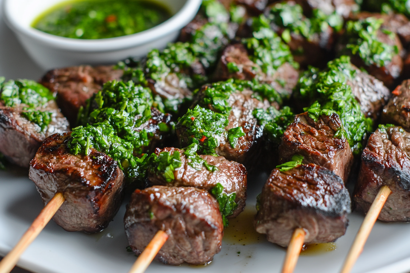 Parsley Chimichurri on Grilled Beef Skewers
