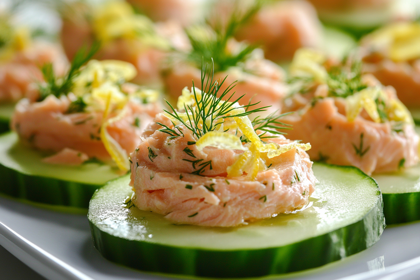 Salmon Rillettes with Lemon Zest on Cucumber Slices