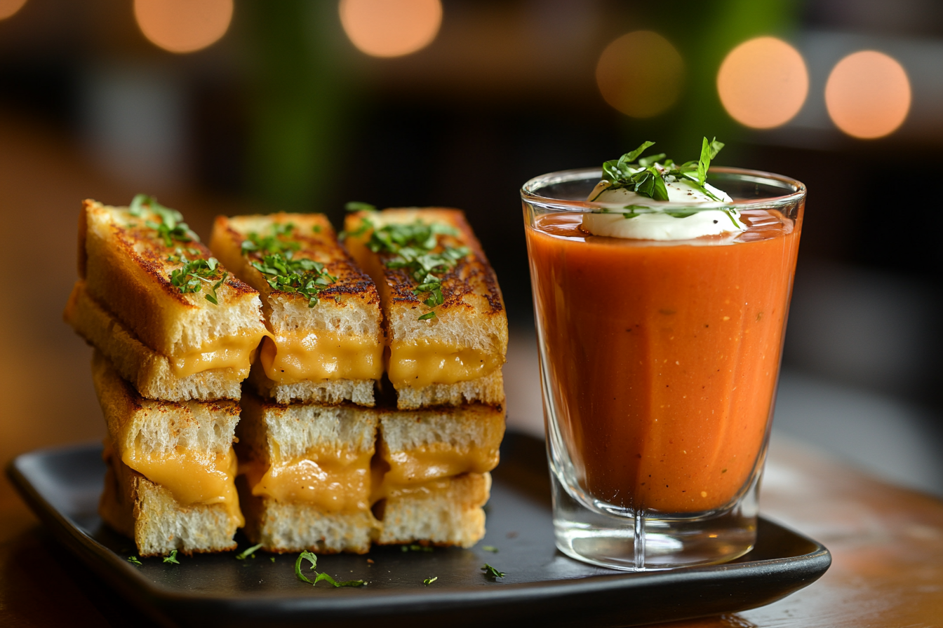 Mini Grilled Cheese Sandwiches with Tomato Soup Shooters