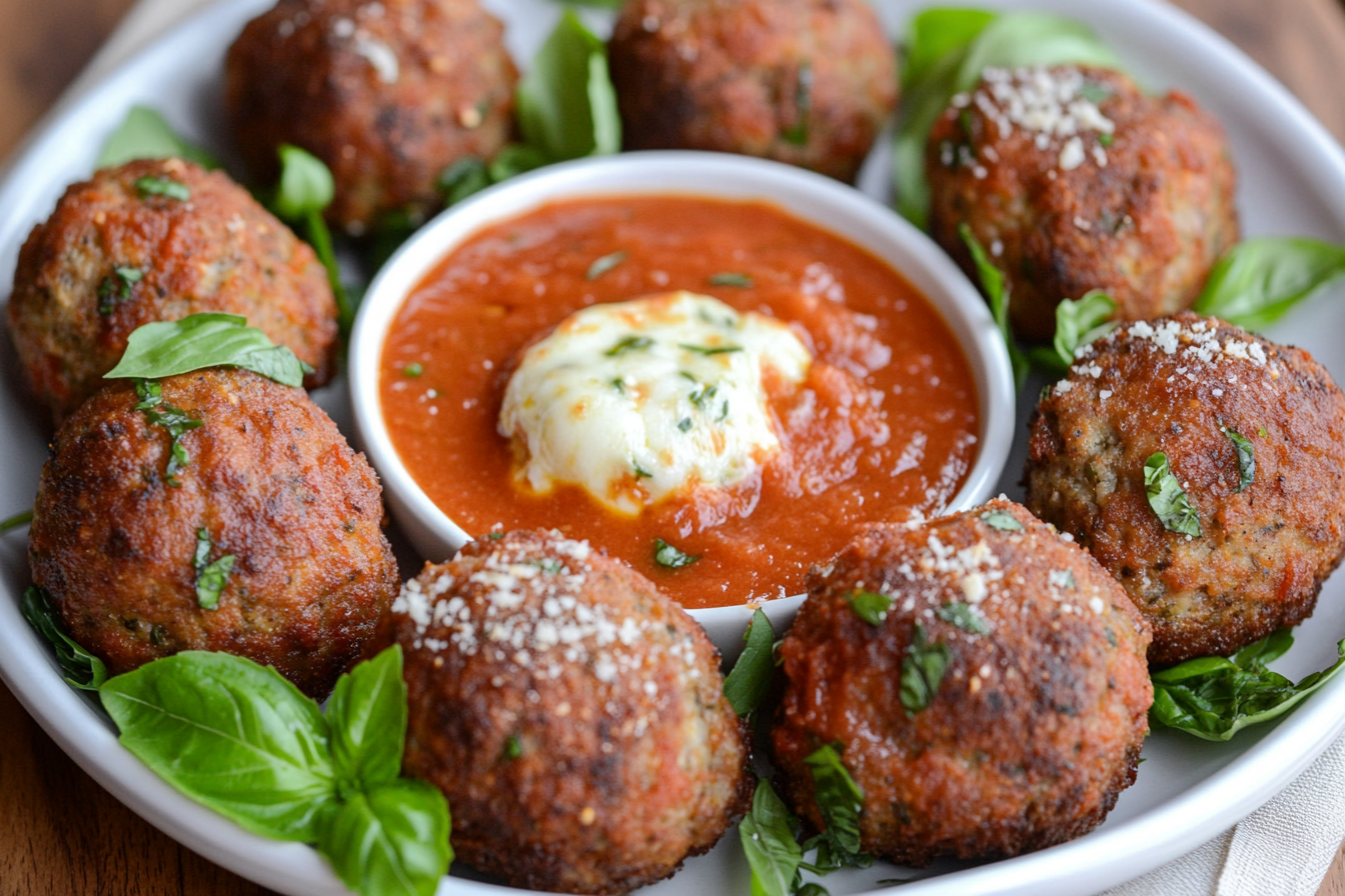Mozzarella-Stuffed Meatballs with Marinara Dip