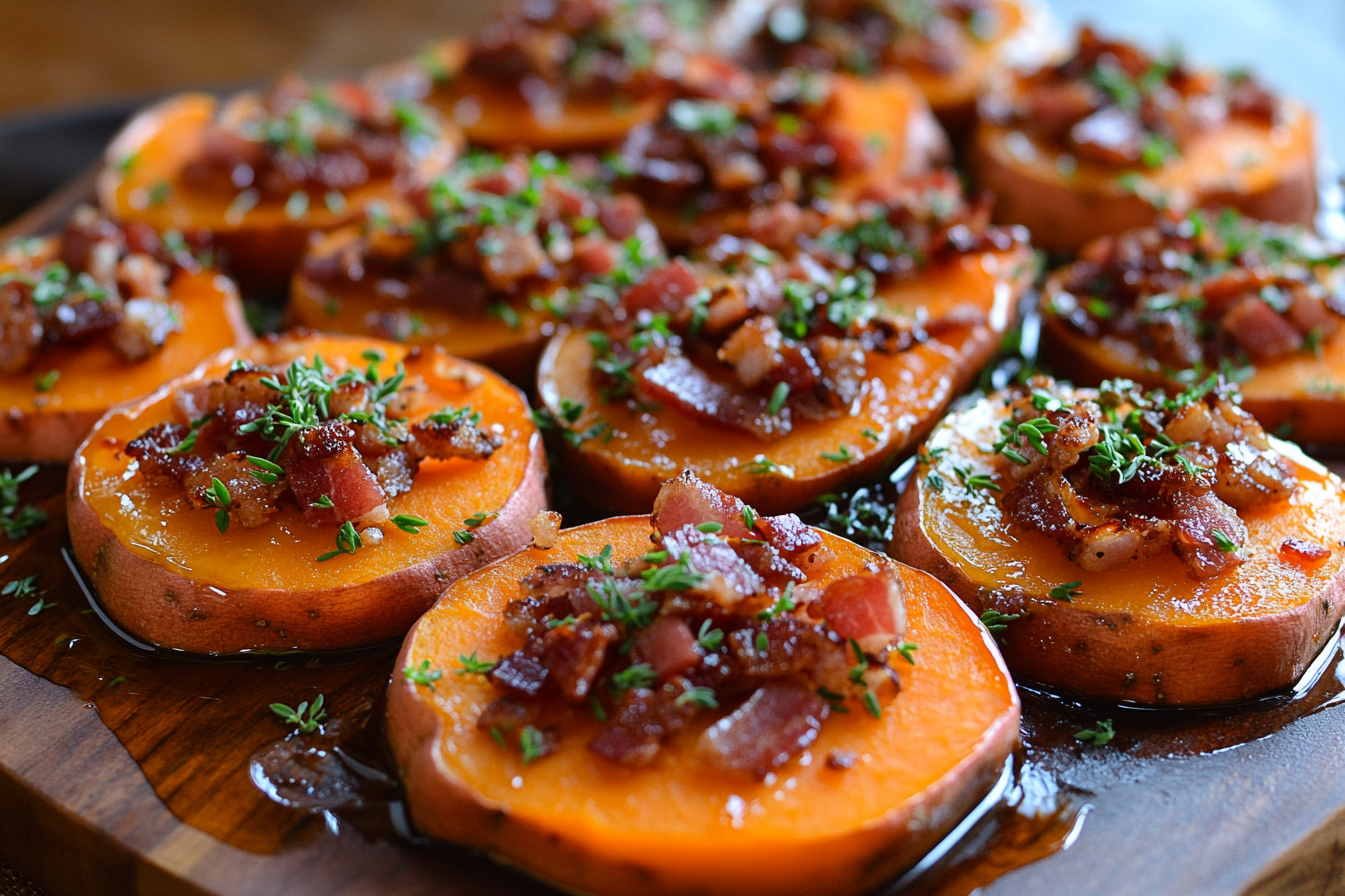 Sweet Potato Rounds with Bacon and Maple Syrup