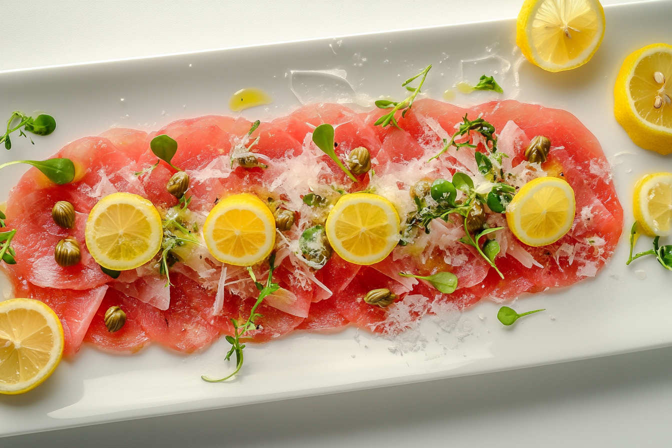 Fluke Carpaccio with Capers and Microgreens