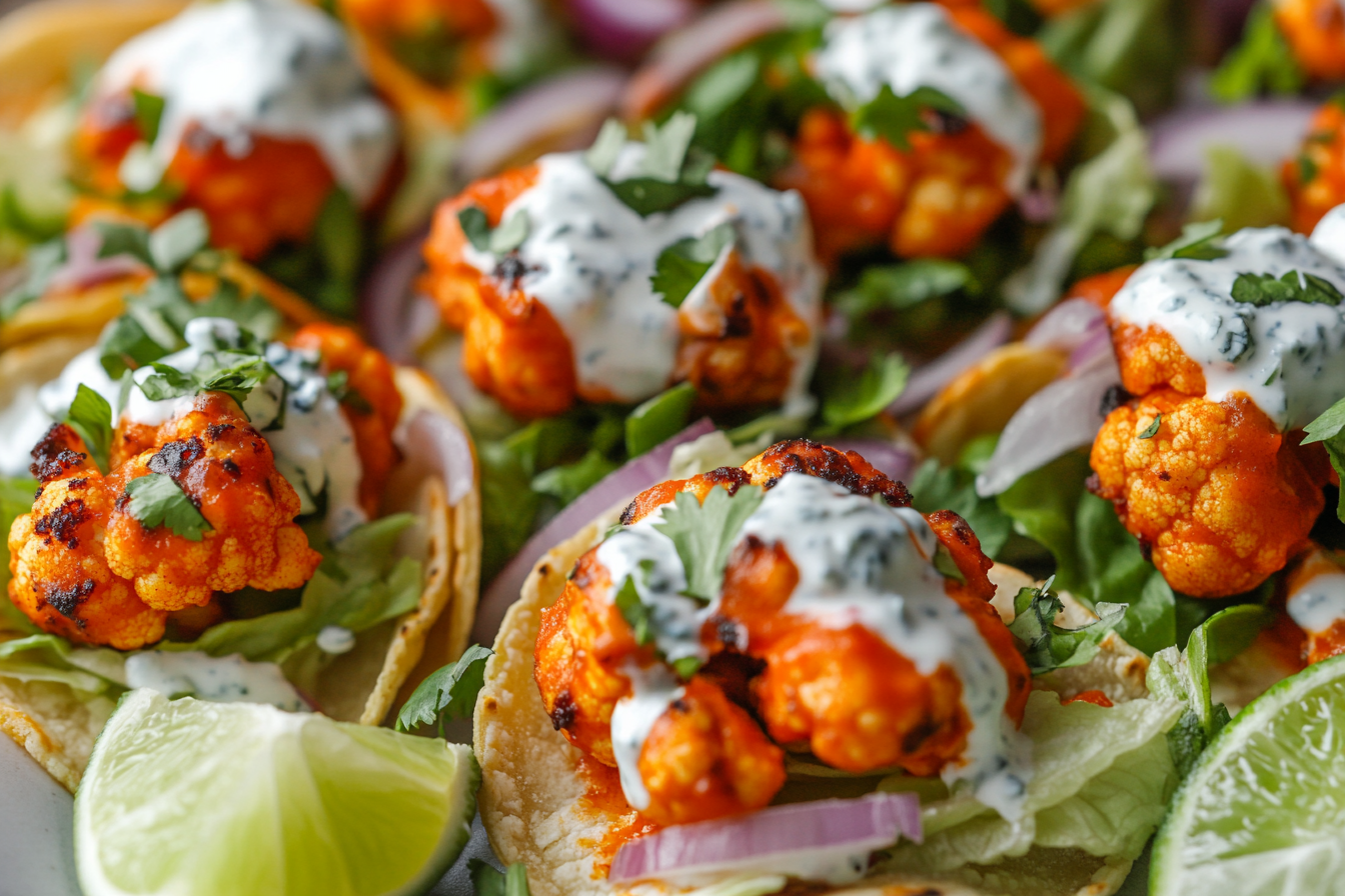 Buffalo Cauliflower Mini Tacos with Blue Cheese Dressing