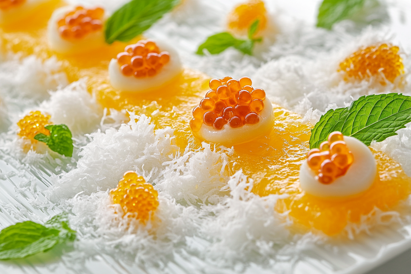 Citrus Caviar with Coconut Snow and Passion Fruit Gel