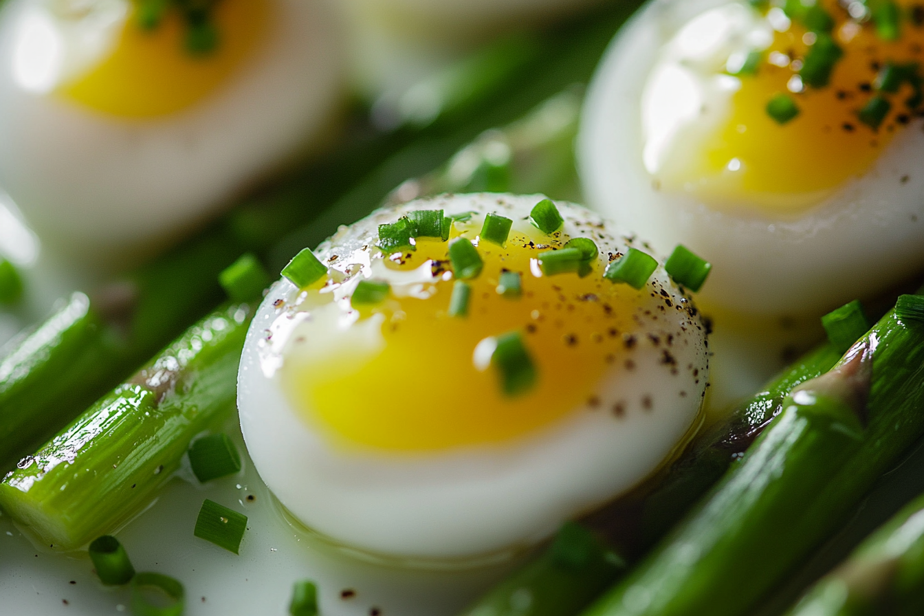 Poached Quail Eggs on Asparagus Spears