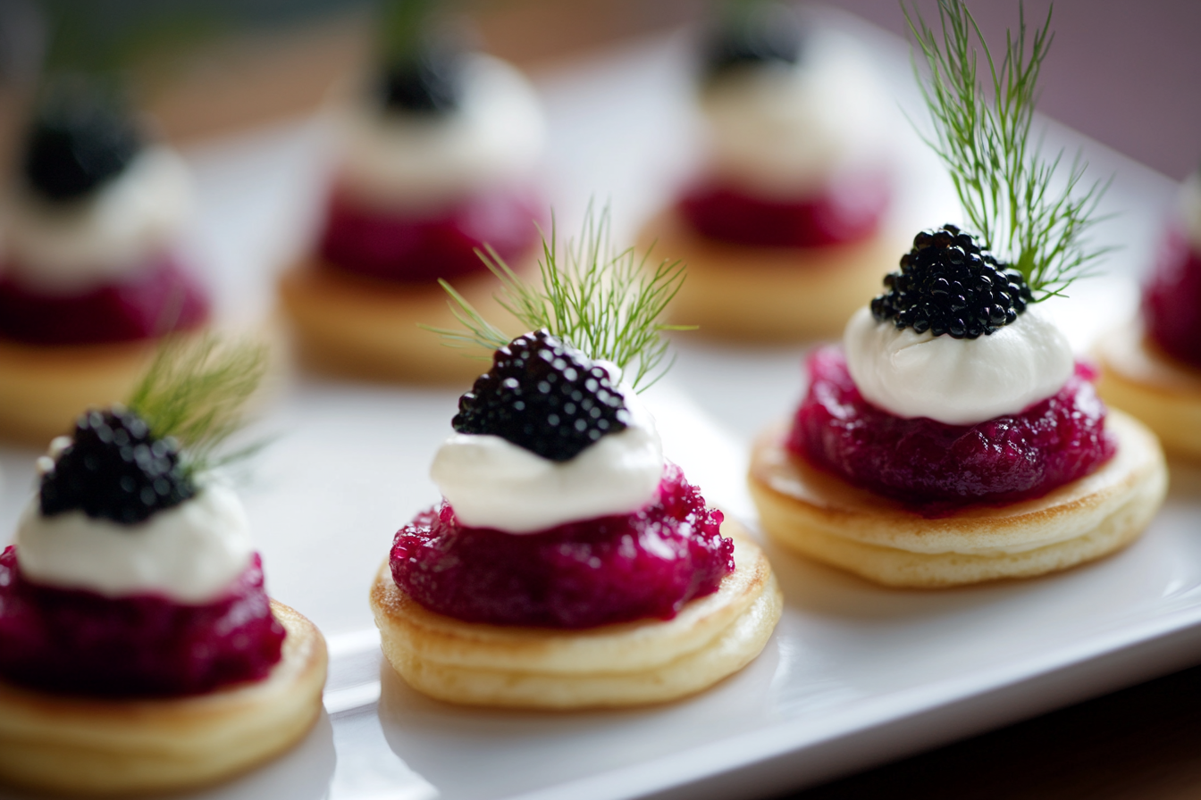 Caviar Blinis with Beetroot Purée and Horseradish Cream