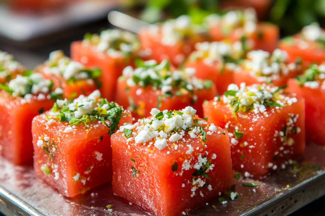 Chili-Lime Watermelon Cubes with Feta Crumbles