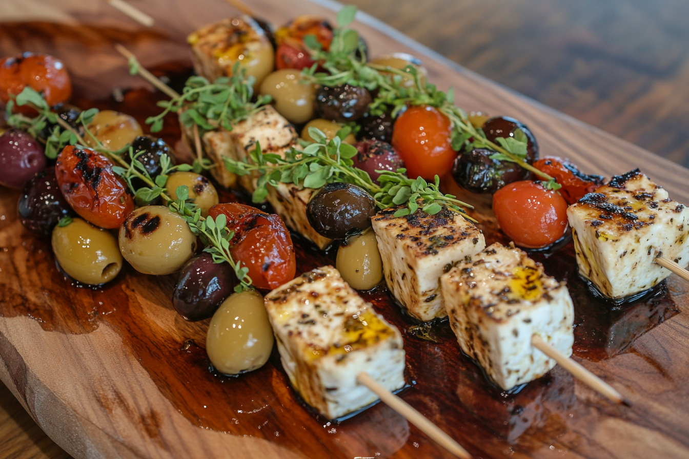 Oregano Marinated Feta and Olive Skewers
