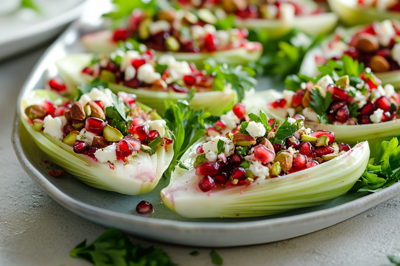 Pomegranate and Pistachio Salad on Endive Leaves