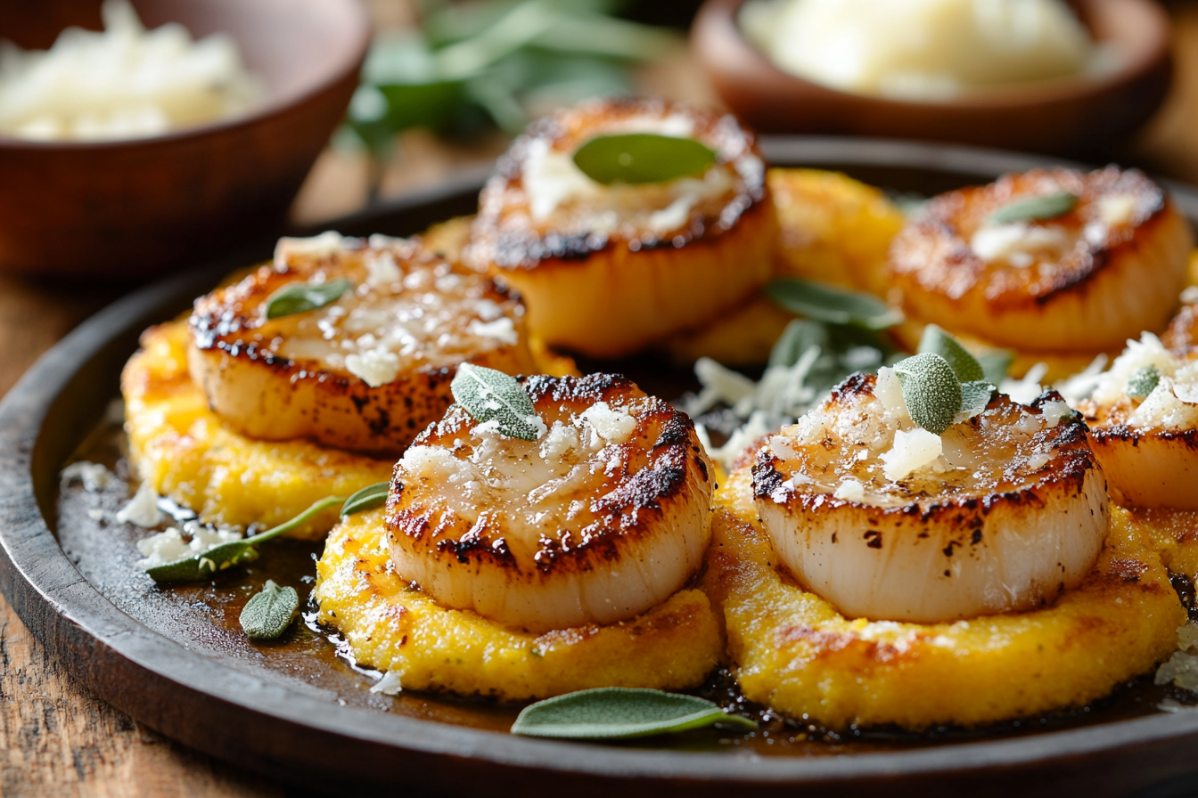 Sage Butter Scallops on Polenta Rounds