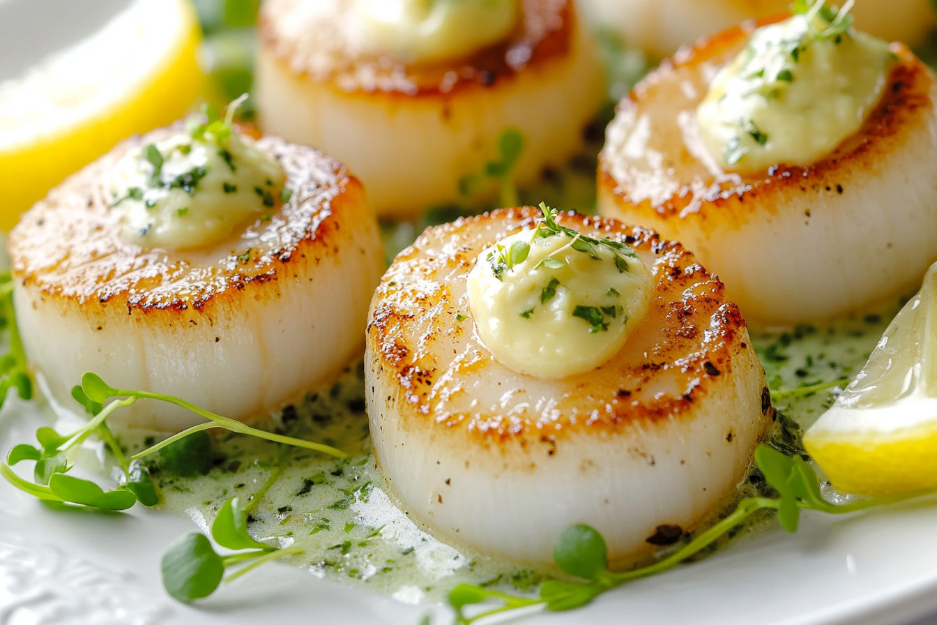 Seared Scallops with Truffle Butter and Microgreens