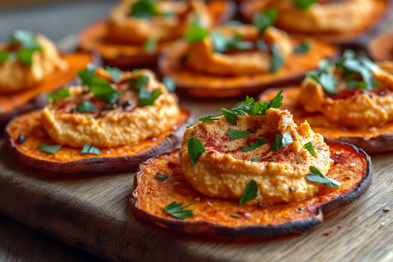Smoked Paprika Hummus on Sweet Potato Crisps