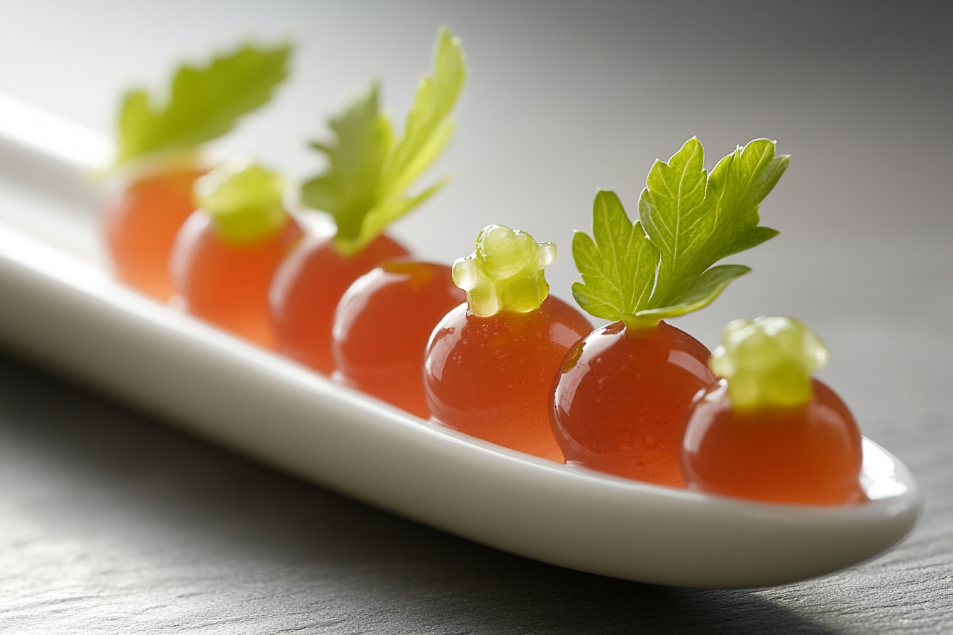 Spicy Bloody Mary Pearls with Celery Foam