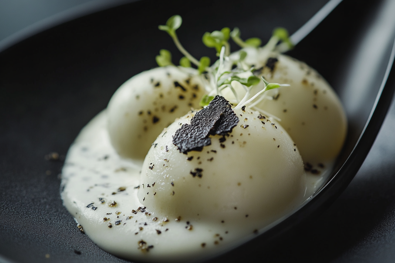 Truffle Spherification with Parmesan Foam